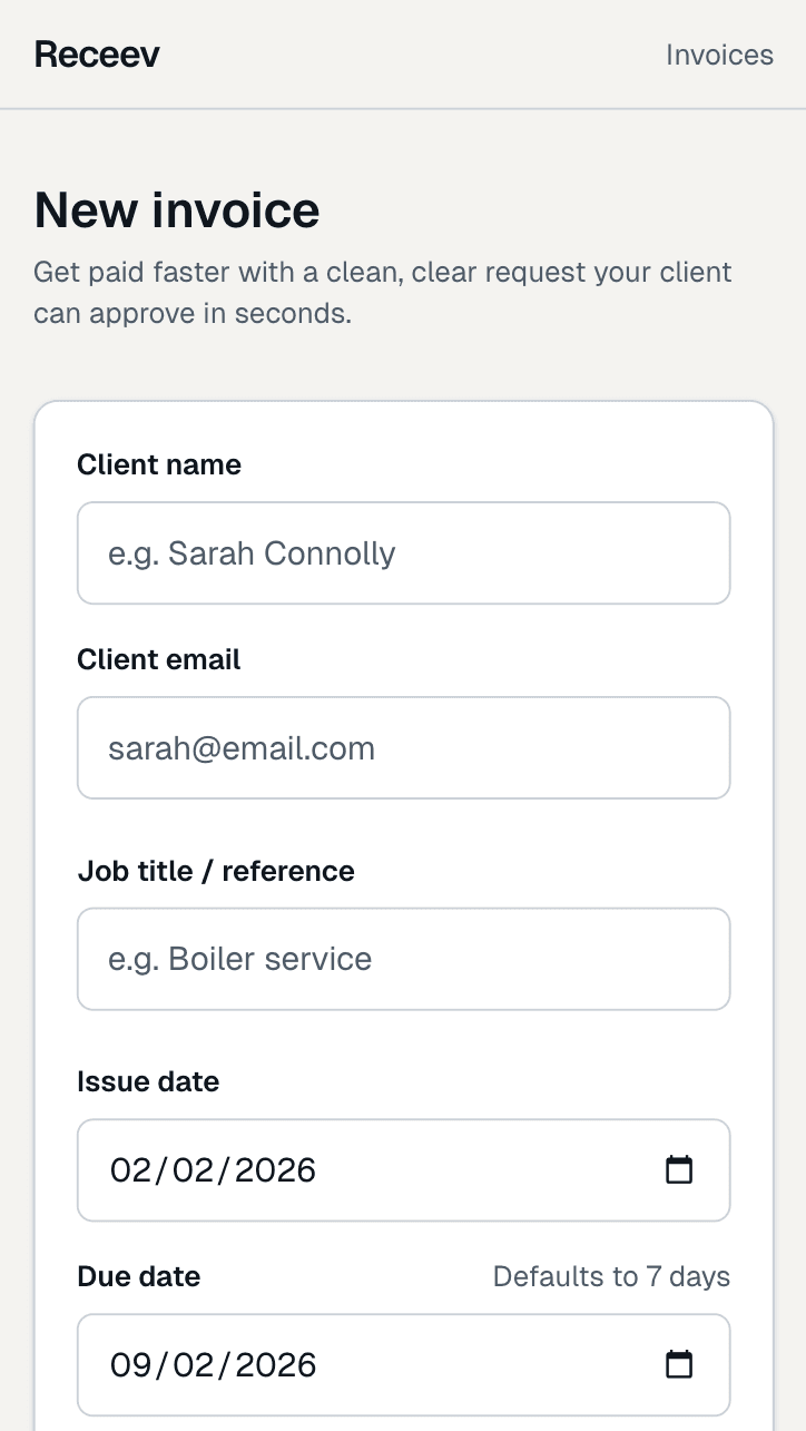 Invoice creation interface on mobile