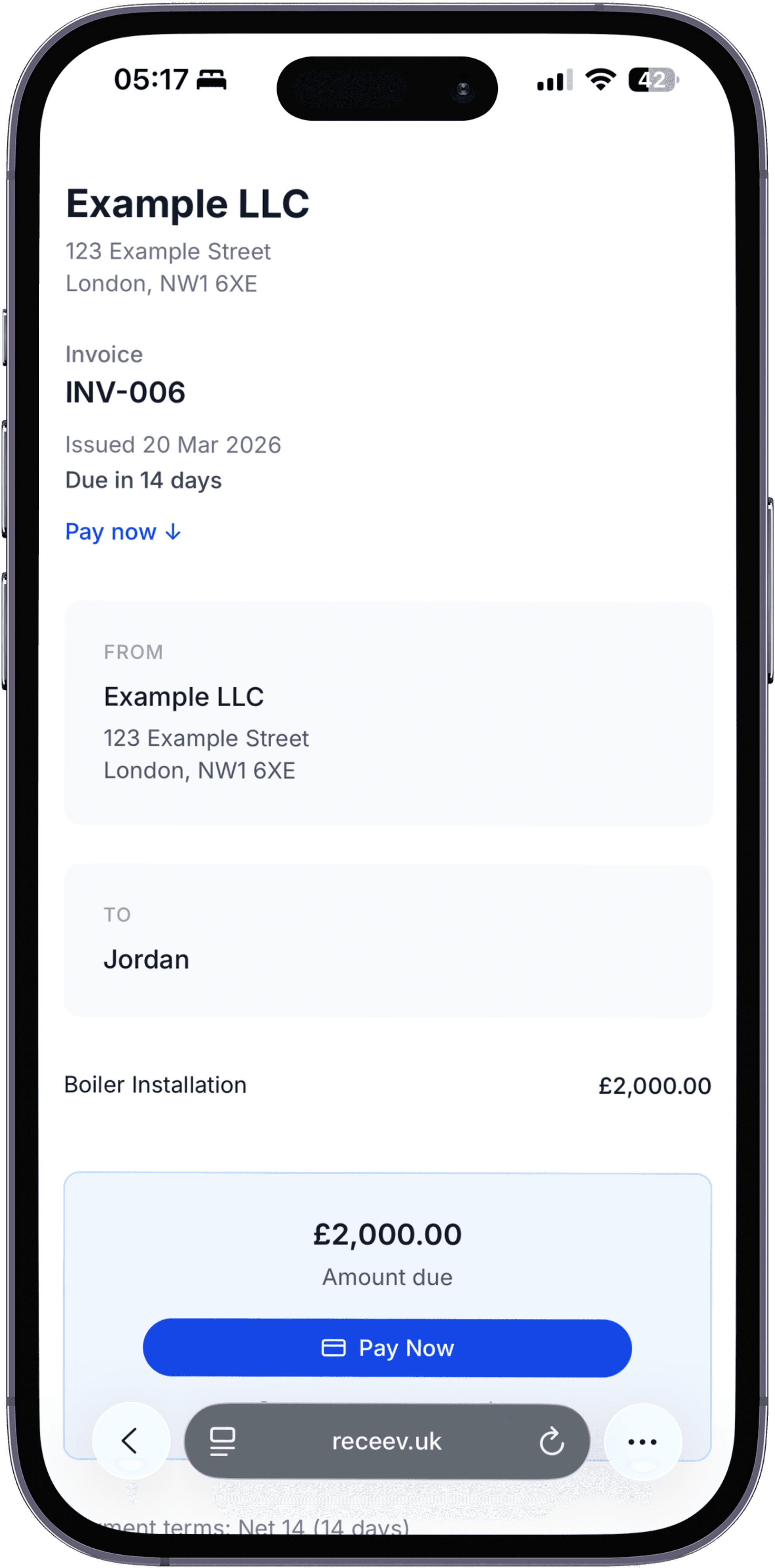Client view of invoice with Pay Now button
