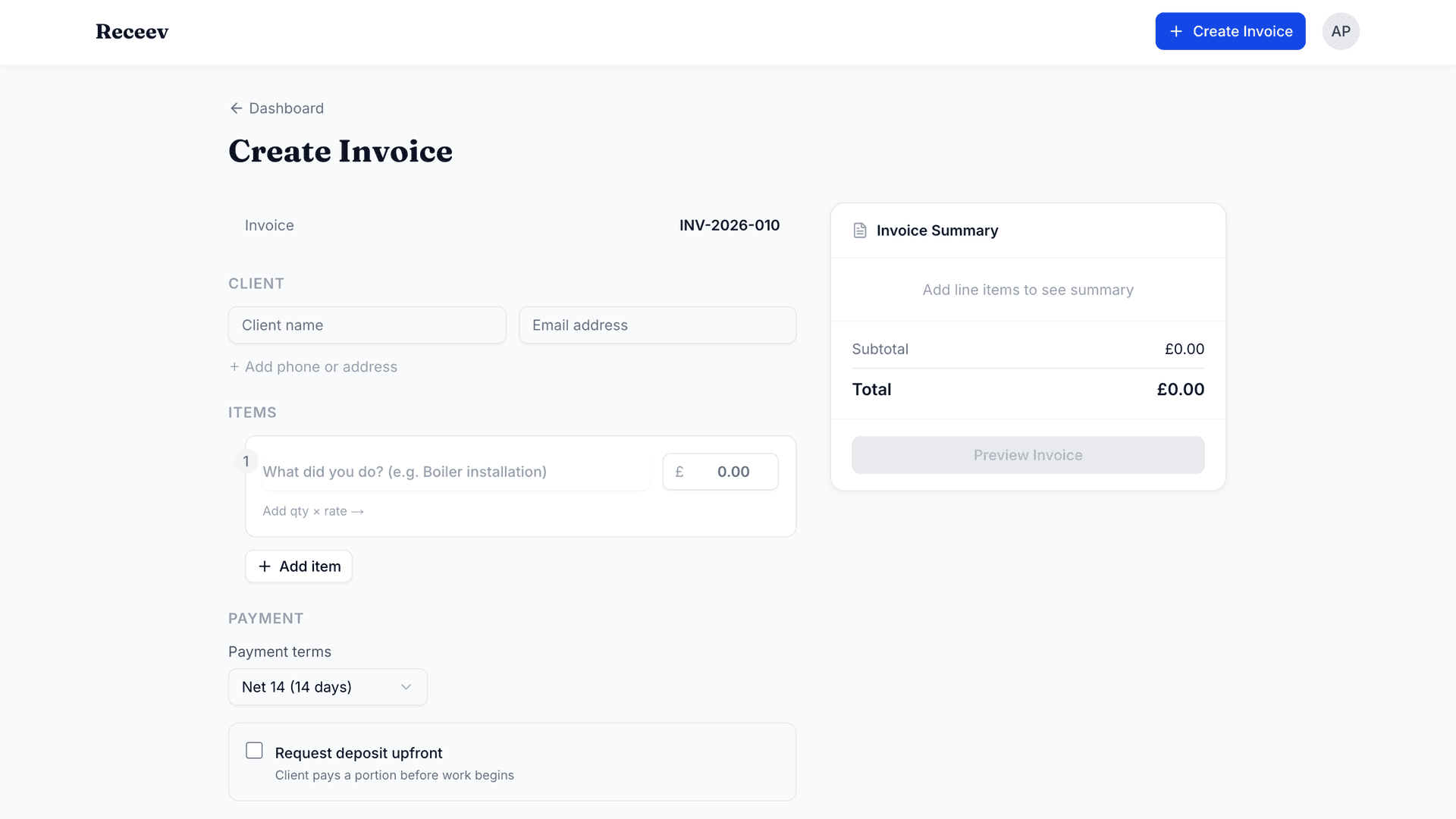 Professional invoice creation dashboard showing itemised billing