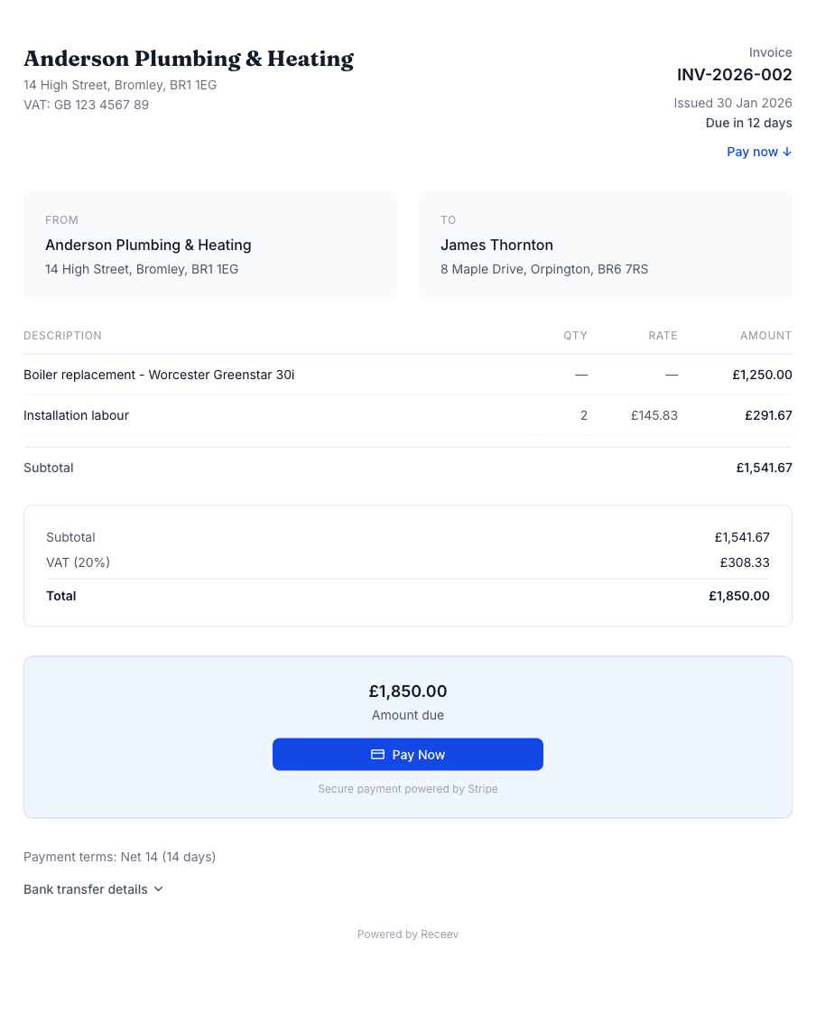 Invoice showing multiple payment options including card and bank transfer